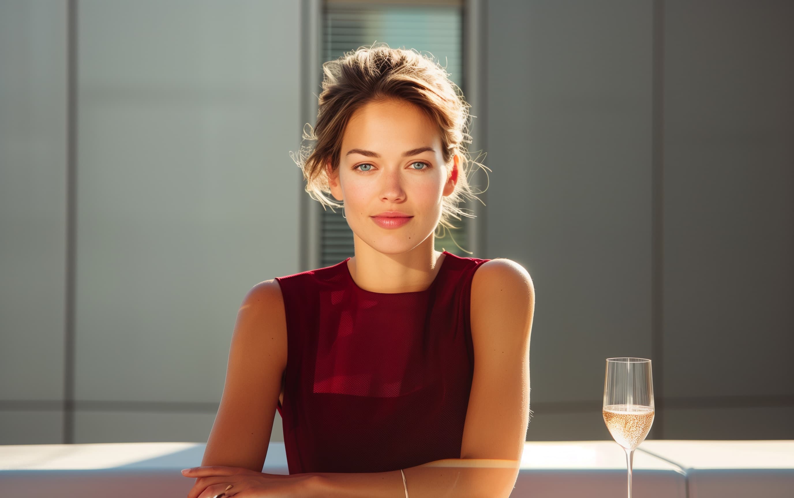 Woman on rooftop terrace overlooking Frankfurt